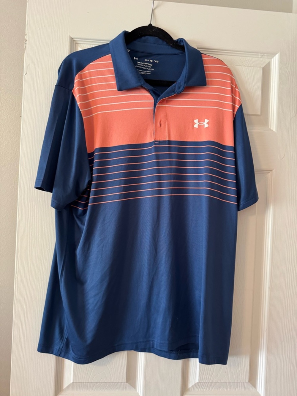 Under Armour Men’s Navy and Coral Striped Performance Polo